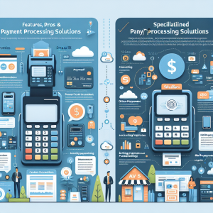 An infographic comparing different payment processing solutions for small and large businesses. On one side, showcase the features, pros, and cons of payment solutions for small businesses with illustrations of a variety of payment options: credit card processing machines, online payment gateways, and mobile payments. On the other side, present the specialized requirements and solutions for large businesses, including high-volume transaction management, security features, and enterprise resource planning integration. Use a clean, professional design aesthetic.