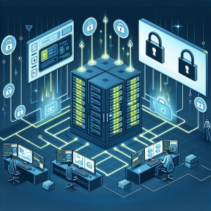 Illustration depicting various tips for improving data security in the process of credit card processing for businesses. This includes secure servers, encrypted data transmission, and vigilant monitoring systems. The image should show a composite view of a secure server room with lock icon on the door, data streams represented as glowing light streams with lock symbols, and a security personnel monitoring the system on multiple screens in a control room.
