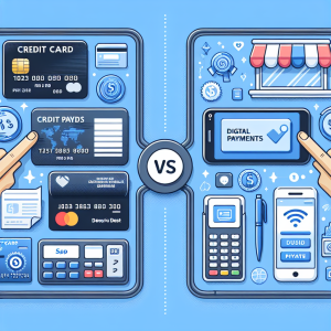 Comparison of payment methods: Credit cards versus other digital payments for businesses. Depict two sides of the picture. On one side, illustrate a physical credit card with generic designs. On the other side, signify digital payments by showcasing a smartphone displaying a digital wallet app. Include business-related elements like a cash register or a point of sale terminal, subtly indicating the target user, i.e., businesses. Remember to avoid any specific brands or copyrighted elements.