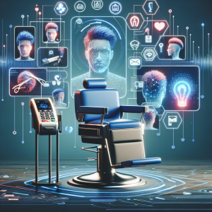 A critical examination of the latest technologies in the world of digital barbershops, focusing particularly on the innovative usage of digital payment methods, such as credit cards. Visual representations include an interactive barber chair with integrated AI features and screens showing various modern hair-styling options. Alongside, there's a digital payment terminal for transactions which visually demonstrates the convenience of cashless payments in such modern setups.
